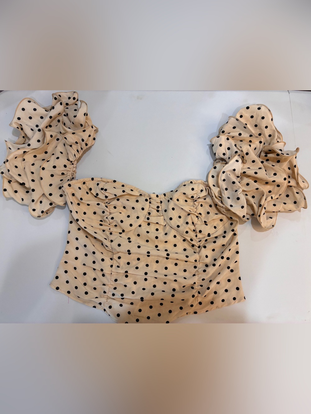 Pretty Little Thing Cream/Black Ruffled Puff Sleeve Corset style Crop Top